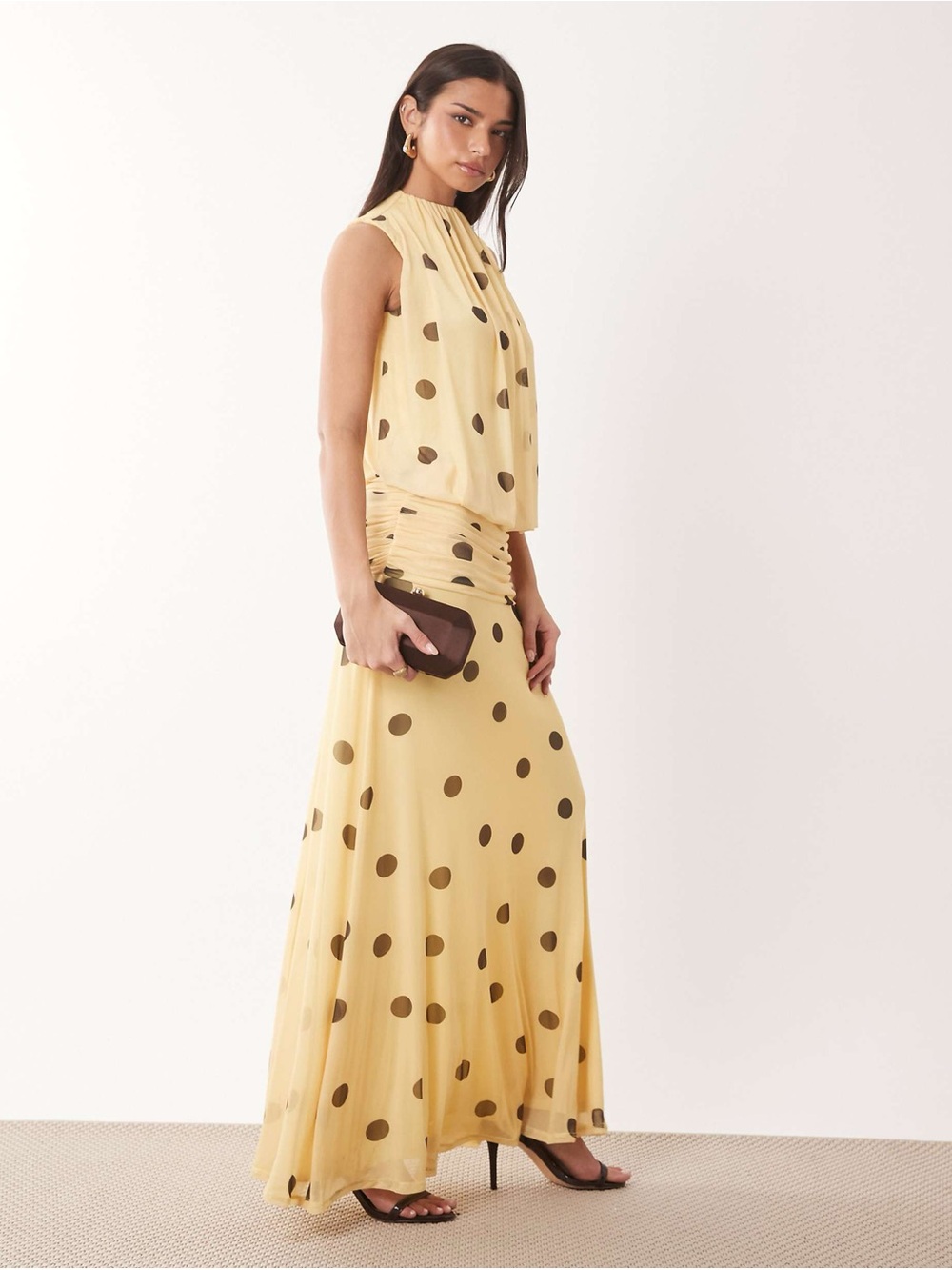 ASOS Design Mesh Ruched Maxi Drop Waist Dress in Lemon Polka Dot Size M